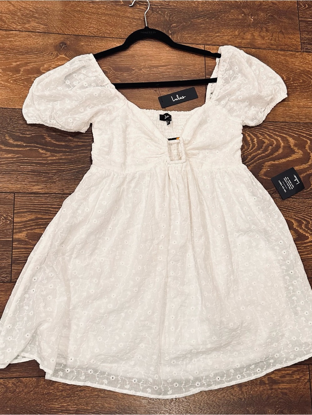 Lulu's White Eyelet Puff-Sleeve Women’s Dress with Decorative Buckle Size S